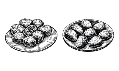Two plates of meatballs isolated on white background in sketch style