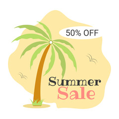 Summer sale. Poster with palm tree. Banner for seasonal promotion. 50% discount. Vector.