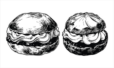 Two cream puffs isolated on white background are ready to be eaten