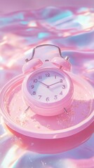 A retro pink alarm clock sits on a shimmering surface, reflecting colorful hues, evoking a sense of nostalgia and charm, perfect for aesthetic themes and time-themed projects.