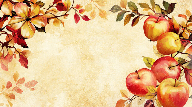 A colorful autumnal scene with apples and leaves on a textured background.