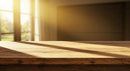 Sunlit Rustic Wood Table Surface Background with Blurred Window Scene