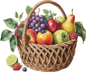 Colorful Fruit Basket with Apples, Grapes, Pears, and Berries on White Background