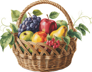 Colorful Fruit Basket with Apples, Grapes, Pears, and Berries on White Background