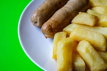 Two Pork Sausages With Chips Meal