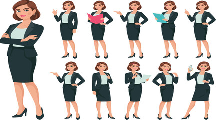 Professional Businesswoman in Various Poses and Actions Wearing a Black Suit on a White Background