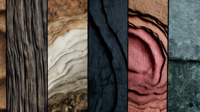 Discovering natural textures and patterns in various materials showcasing wood, stone, and clay in this unique visual exploration