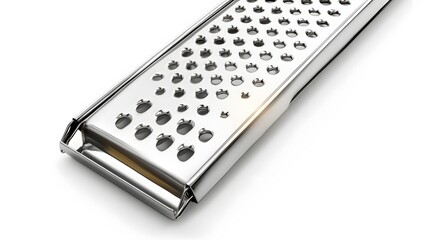 A stainless steel grater with various sized holes shown.