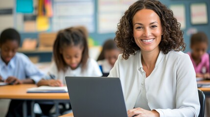 A cheerful woman smiles at the camera while working on her laptop, surrounded by engaged children in a vibrant classroom setting, promoting a positive learning environment.