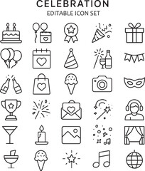 Celebration line icon set - birthday, wedding, award, etc. - editable set