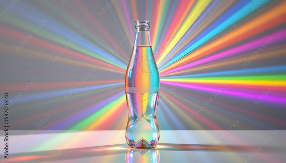 Poster rainbow refresher: a bottle of sparkling water sits center stage, dramatically illuminated by a vibr