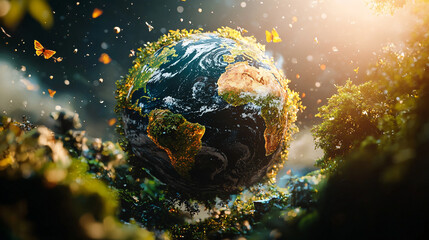 Close up of earth globe with vegetation and butterflies floating in a bright environment