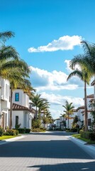 A beautiful residential street lined with palm trees under a bright blue sky, showcasing modern homes and exquisite architecture that reflects luxury living and tranquility.