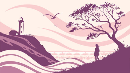 Serene Coastal Landscape Design featuring a Lighthouse Silhouette and a Woman by a Tree