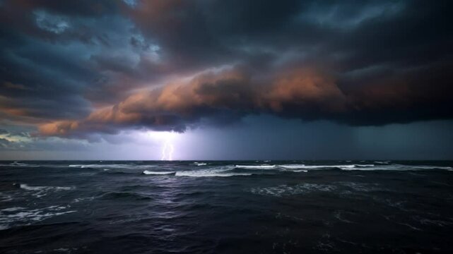 Dramatic lightning strike over dark ocean waves during stormy weather  
