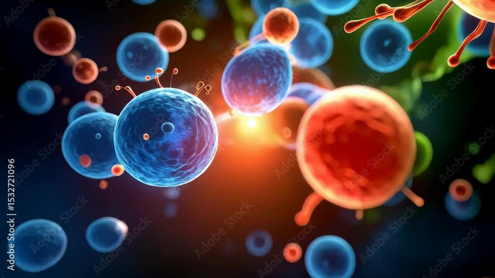 Poster visualization of microscopic virus particles with spike protein surface structures with bright orang