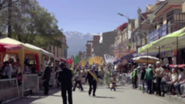 Blurred Dancers Marching and Performing During Virgen de Urkupina Festival in Quillacollo, Bolivia - 4K