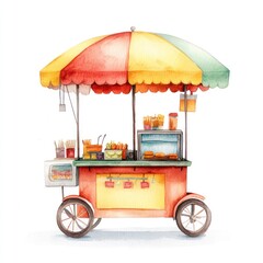 Watercolor painting of a food cart with a colorful striped umbrella on a white background