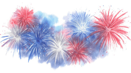 Festive watercolor fireworks display isolated on a white background
