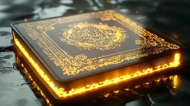 Illuminated decorative book resting on a reflective surface, showcasing intricate patterns and glowing edges