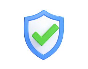 3d render green check mark inside blue shield isolated on a white background