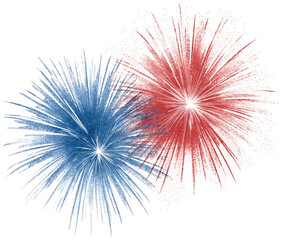 Festive red and blue fireworks display isolated on a white background