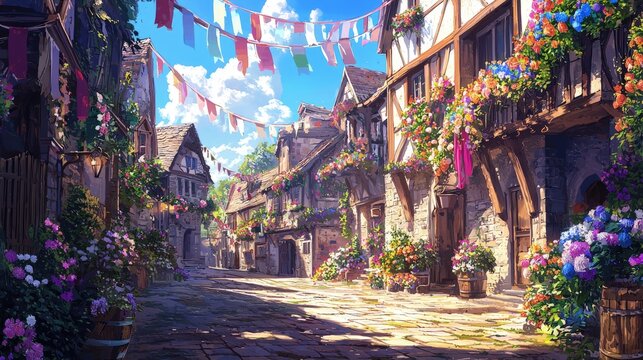Lively medieval street with cobblestone path, flower-filled barrels, colorful banners, and rustic half-timber houses under a bright blue sky in a festive European village