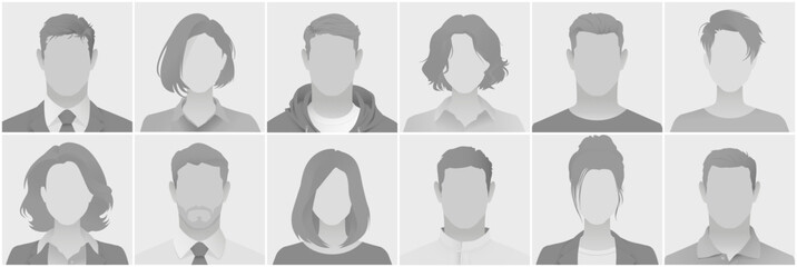 Naklejka na ściany i meble Set of grey silhouette avatars defoult photo placeholder depicting diverse anonymous profiles in business and casual attire suitable for user interfaces social media and professional networking sites.