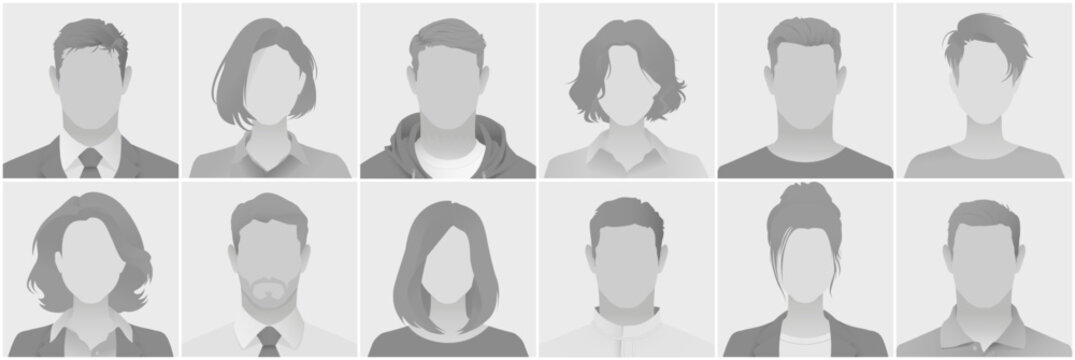 Set of grey silhouette avatars defoult photo placeholder depicting diverse anonymous profiles in business and casual attire suitable for user interfaces social media and professional networking sites.