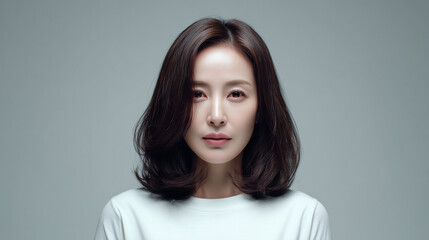 Fototapeta premium A Korean woman in her mid-40s with precise, shoulder-length C-curl hair