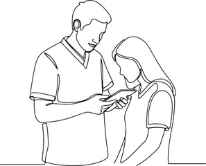 Continuous line art of a man looking at a smartphone held by a woman, sharing content or information
