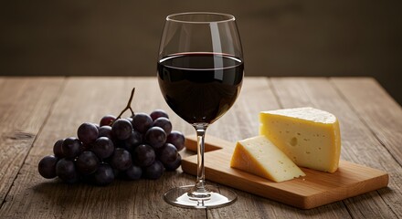 Elegant glass of red wine with grapes and cheese on rustic wooden table under natural light