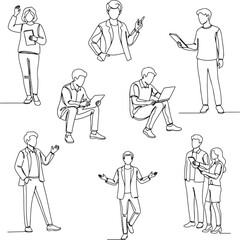 A collection of diverse continuous line art illustrations of people in various poses, including standing, sitting, and interacting, showcasing a modern, minimalist aesthetic