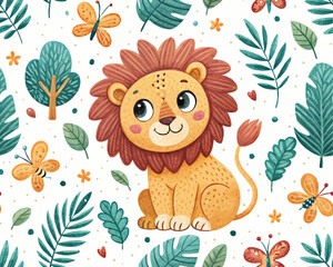 Seamless Scandinavian Lion Vector Illustration – Cute Hand-Drawn Animal Pattern for Nursery and Kids Decor