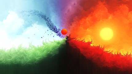 Abstract illustration depicting the balance of elements with vibrant colors representing earth, air, fire, and water, showcasing harmony and contrast in a visually striking composition