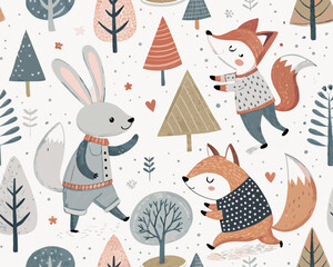 Seamless Scandinavian Animal Vector Illustration – Cute Hand-Drawn Background with Forest Creatures and Nordic Style