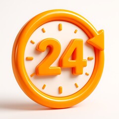 3d icon of orange 24 hour clock isolated on white background