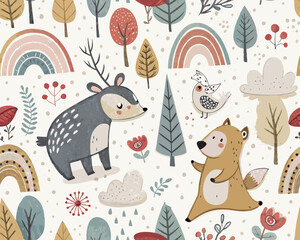 Seamless Scandinavian Animal Vector Illustration – Cute Hand-Drawn Background with Forest Creatures and Nordic Style