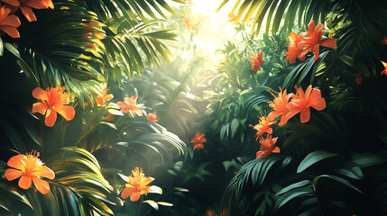 Lush tropical foliage with vibrant orange flowers illuminated by soft sunlight, creating a serene and enchanting atmosphere in a dense jungle environment