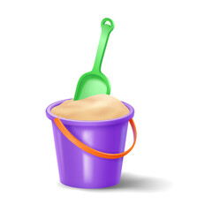 Illustration of a vibrant purple bucket filled with sand and a green shovel. Bright colors evoke fun and playful beach or sandbox activities for children.