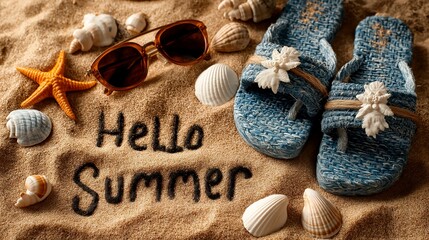 Beach Items on Sand with Hello Summer Text – Flip-Flops, Sunglasses, Shells, Sunny Vacation Vibes, Fun Seasonal Mood, Travel and Lifestyle Concept, Summer Essentials