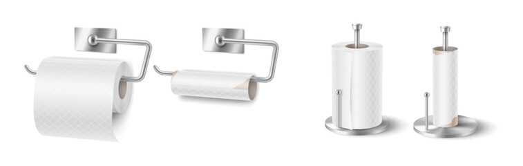 Illustration of toilet paper on holders, realistic style, neutral colors. Represents bathroom and kitchen essentials, cleanliness, and hygiene.
