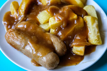 Family Favourite Two Port Sausages And Chips With Thick Tasty Onion Gravy