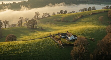 A scenic view of a hillside with a house trees and fog in the background on a sunny day landscape