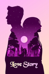 Romantic Love Story Movie Poster with Double Exposure Effect