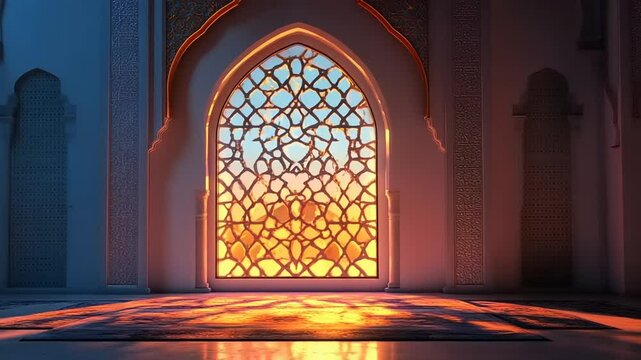 Intricate architectural window casting colorful light patterns in a serene interior space at sunset