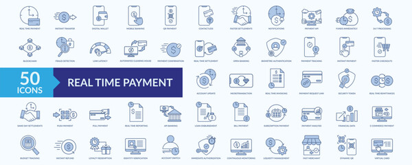 Real time payment icon collection set with digital wallet, mobile banking, qr payment, fraud detection, virtual card