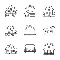 Nine line art house icons set illustration