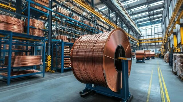 Large copper wire cable reels storing in warehouse of cable production plant