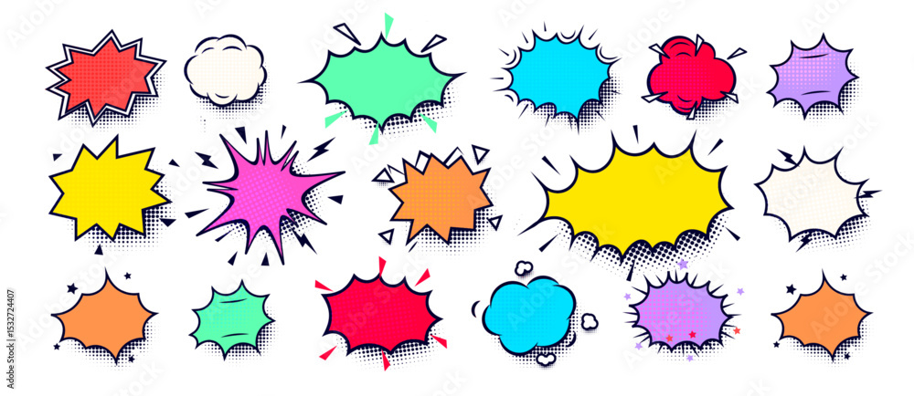 Poster Comic speech bubbles in retro pop style with bold colorful shapes and empty captions. Perfect for humor, memes, quotes, sound effects, web and print design. Vector illustration.